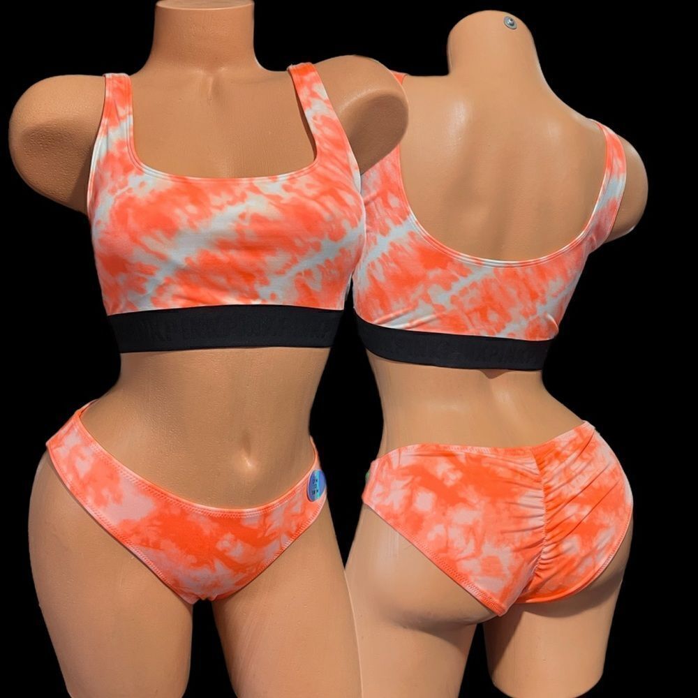 Victorias Secret Pink Ultimate Gym to Swim Bikini Top Bra & Ruched Bottoms Set L